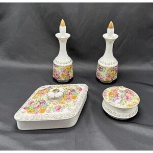 Vintage Tilso Japan Porcelain Vanity Set‎ Floral Perfume Bottles Trinket Box 4pc